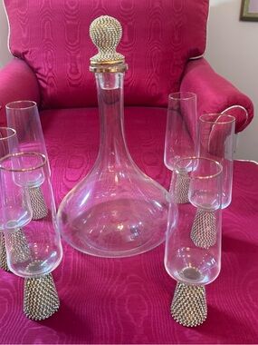 Wine Decanter and 6 Glasses Hand Crafted with Gold Stone Accents
